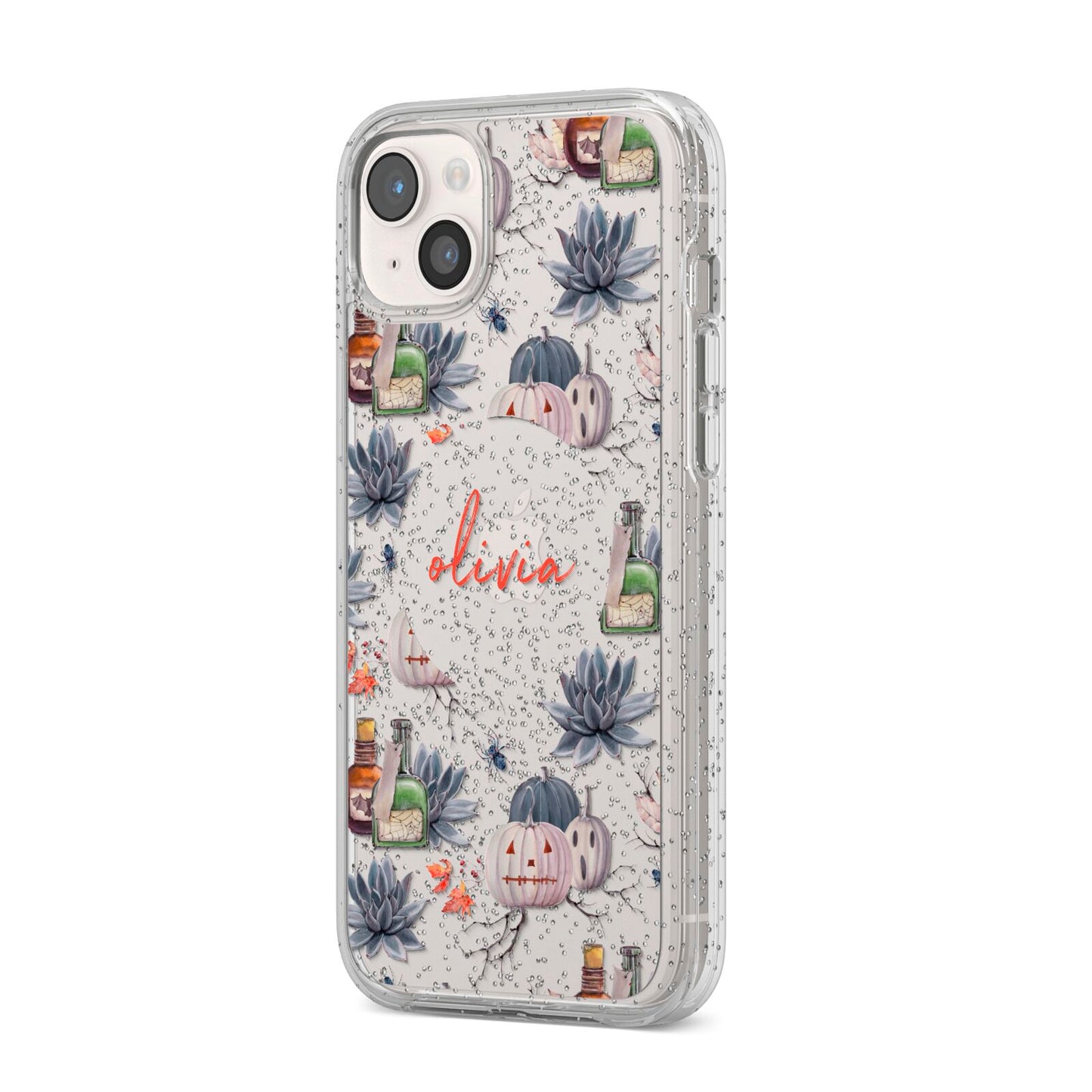 Personalised Floral Name Halloween iPhone 14 Plus Glitter Tough Case Starlight Angled Image