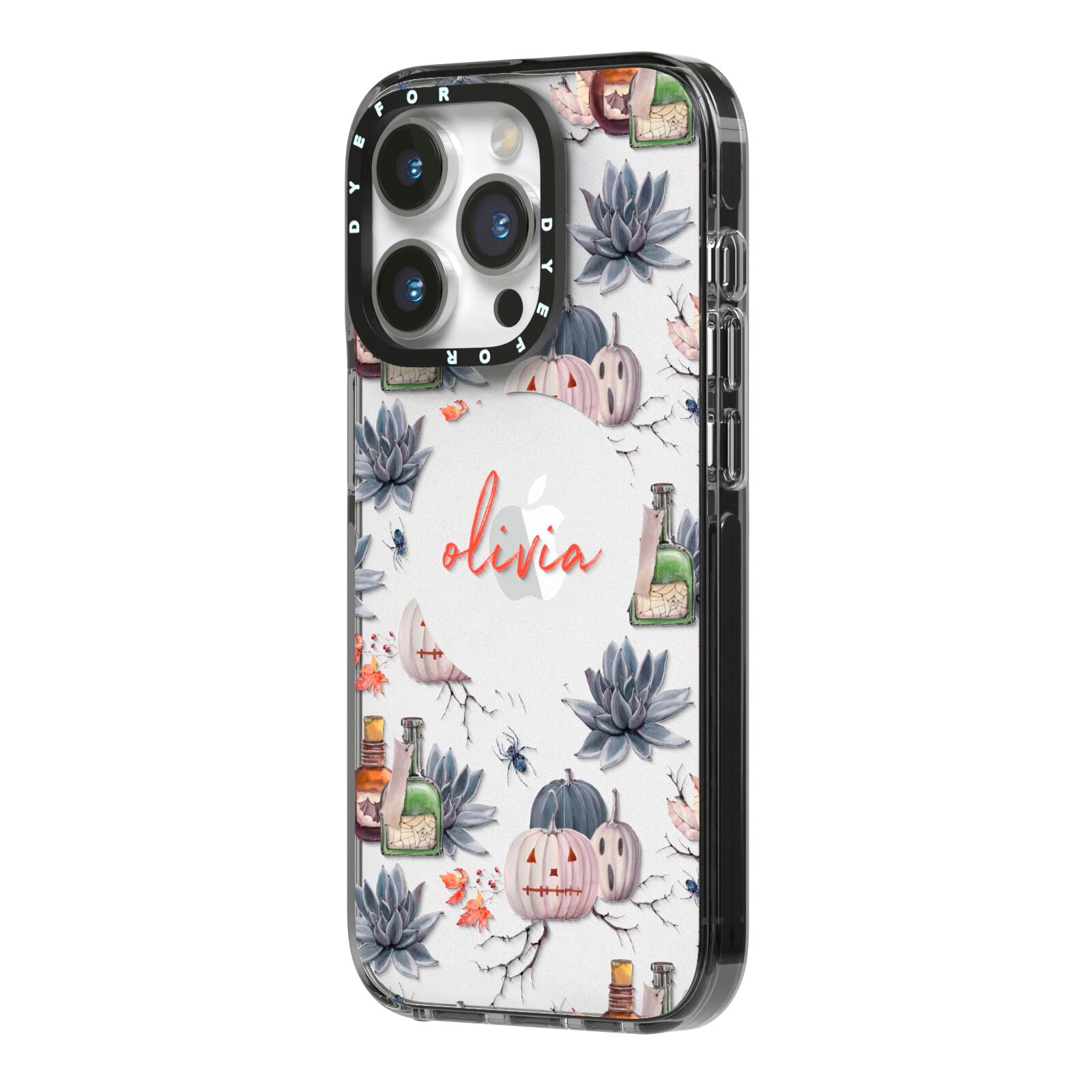 Personalised Floral Name Halloween iPhone 14 Pro Black Impact Case Side Angle on Silver phone