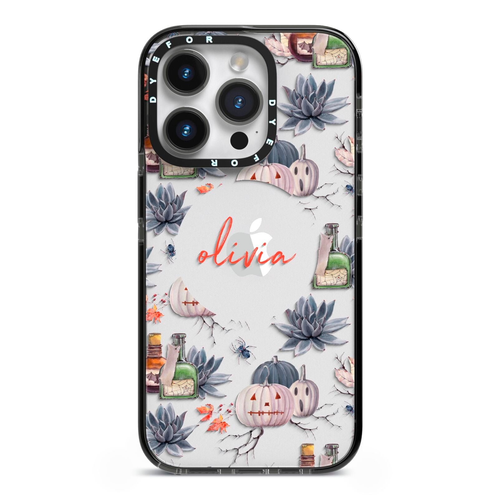 Personalised Floral Name Halloween iPhone 14 Pro Black Impact Case on Silver phone