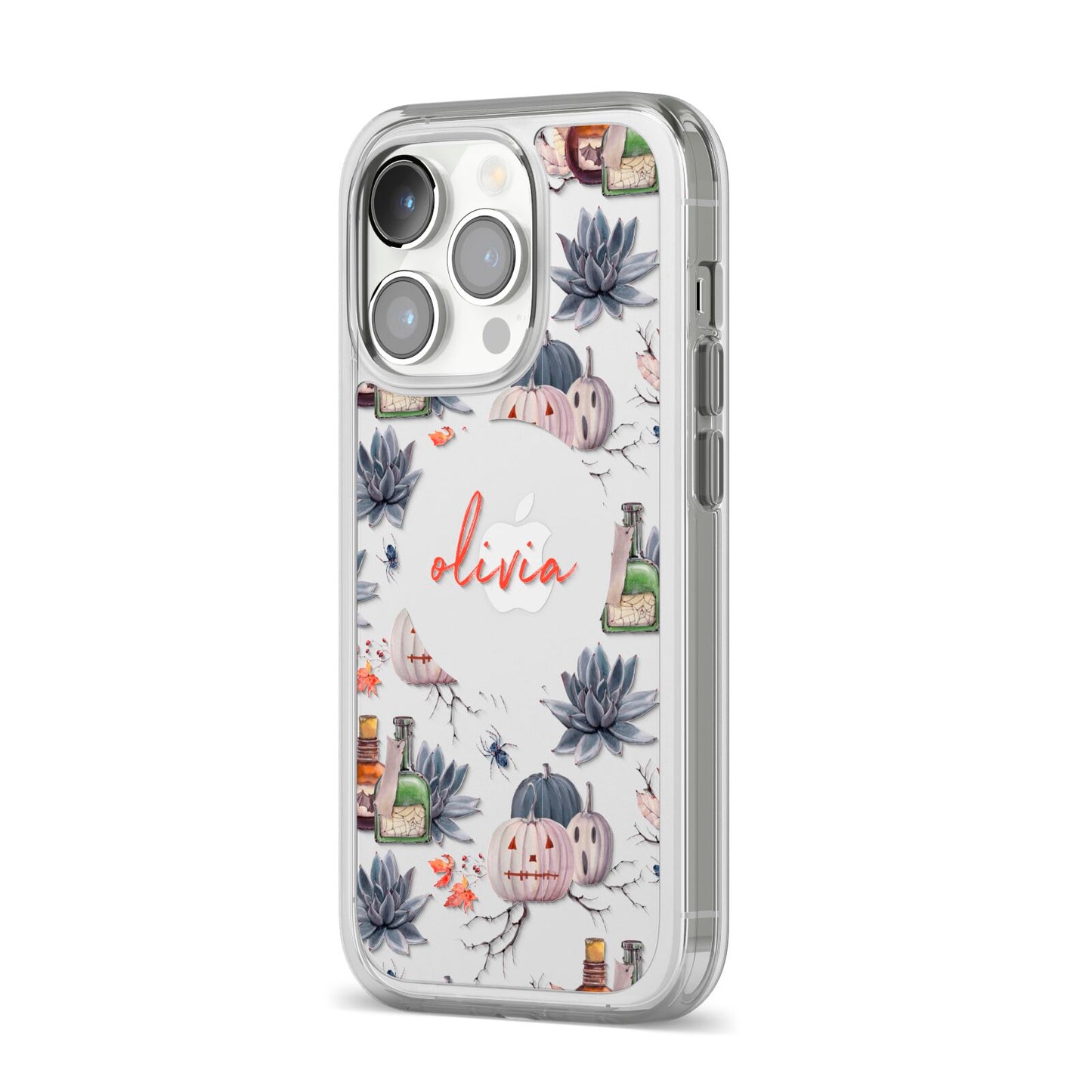 Personalised Floral Name Halloween iPhone 14 Pro Clear Tough Case Silver Angled Image