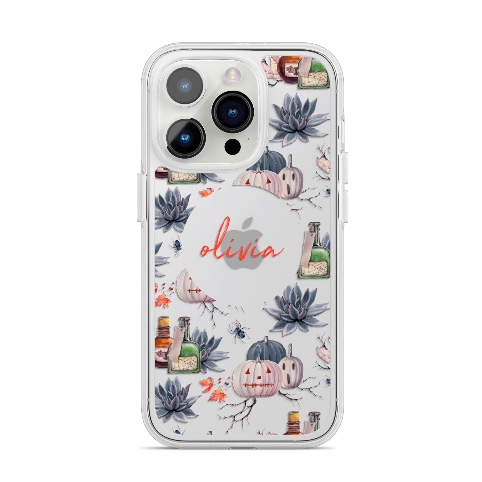 Personalised Floral Name Halloween iPhone 14 Pro Clear Tough Case Silver