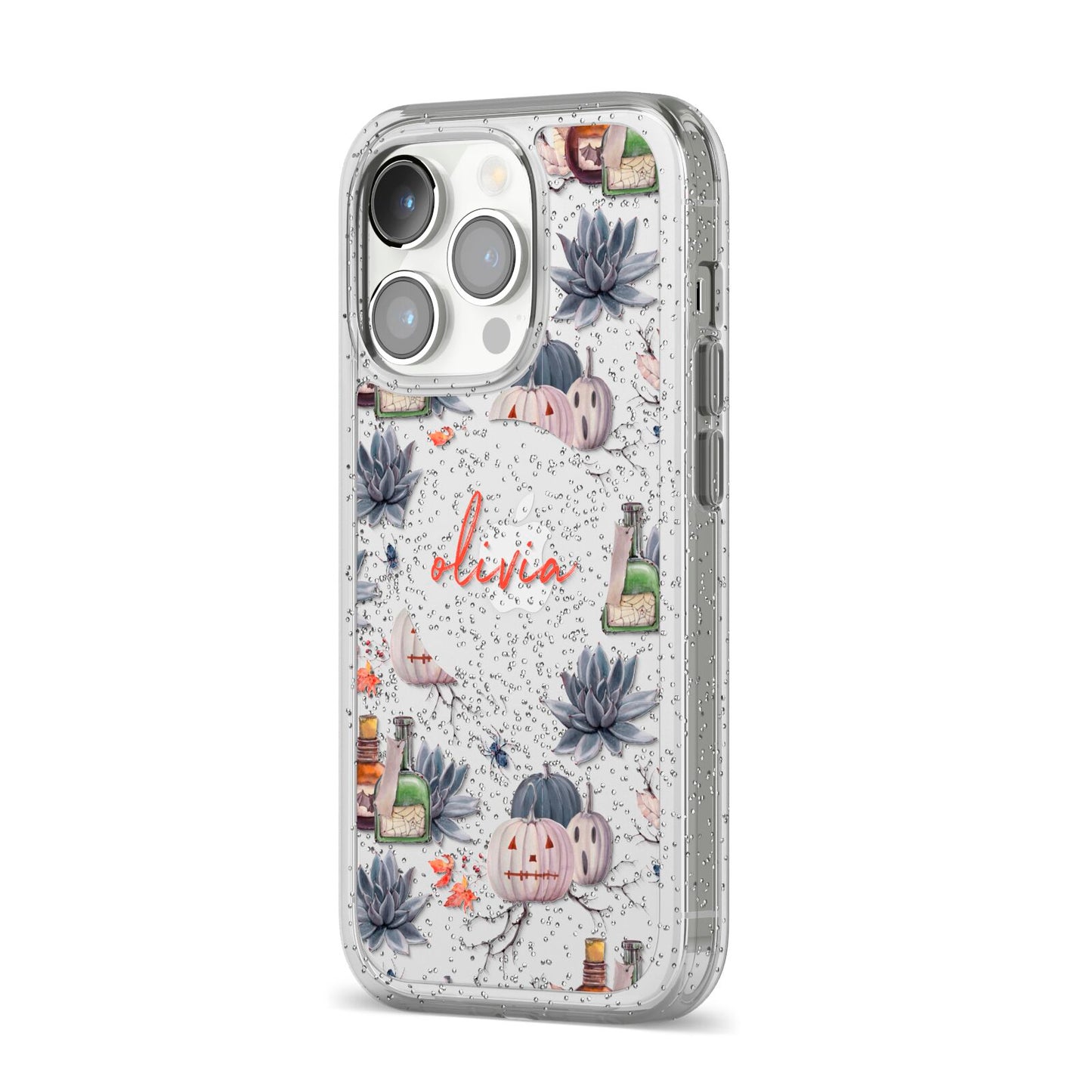 Personalised Floral Name Halloween iPhone 14 Pro Glitter Tough Case Silver Angled Image