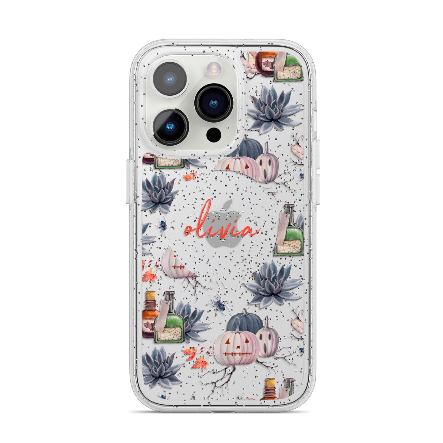 Personalised Floral Name Halloween iPhone 14 Pro Glitter Tough Case Silver