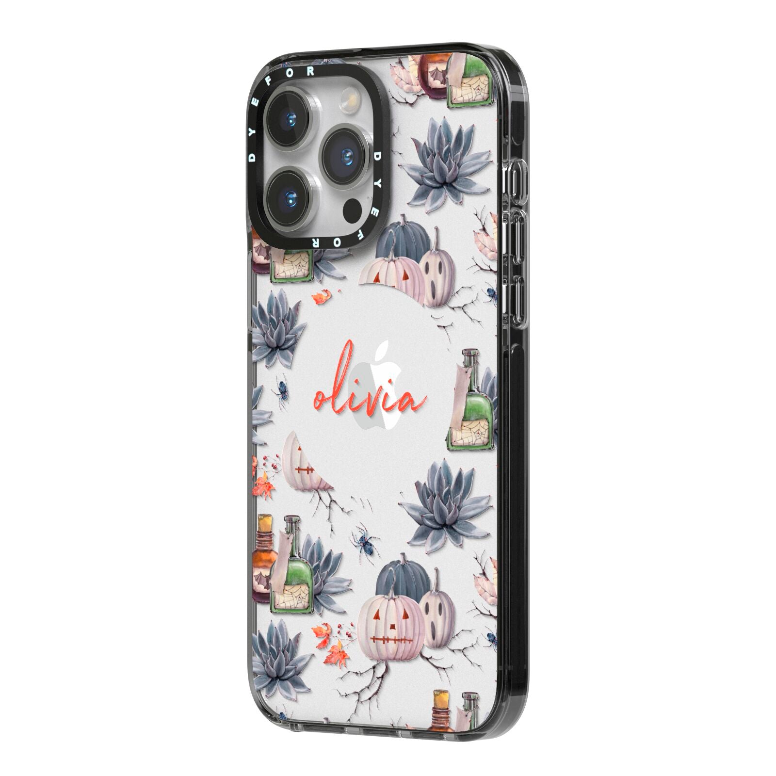 Personalised Floral Name Halloween iPhone 14 Pro Max Black Impact Case Side Angle on Silver phone