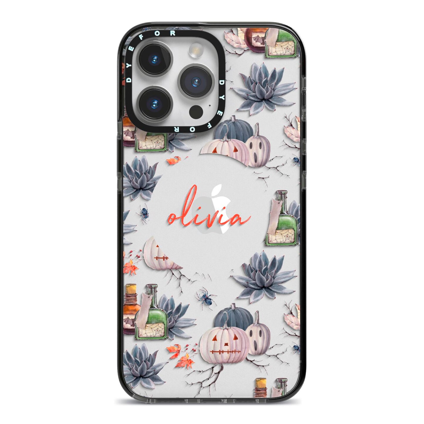 Personalised Floral Name Halloween iPhone 14 Pro Max Black Impact Case on Silver phone