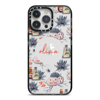 Personalised Floral Name Halloween iPhone 14 Pro Max Black Impact Case on Silver phone