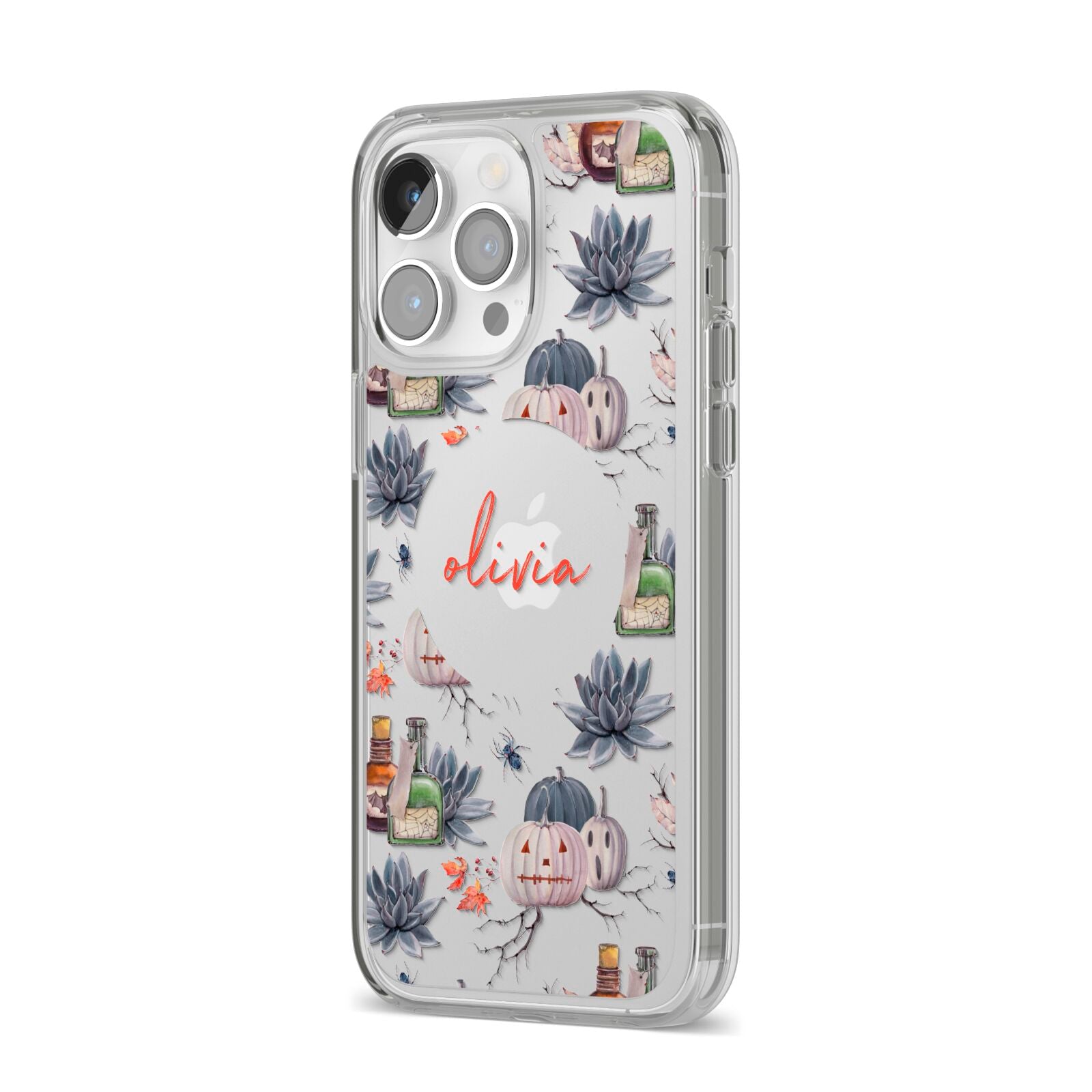 Personalised Floral Name Halloween iPhone 14 Pro Max Clear Tough Case Silver Angled Image