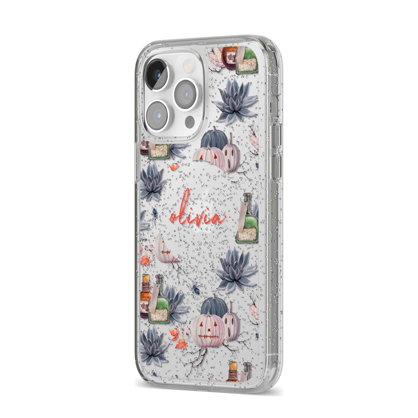 Personalised Floral Name Halloween iPhone 14 Pro Max Glitter Tough Case Silver Angled Image