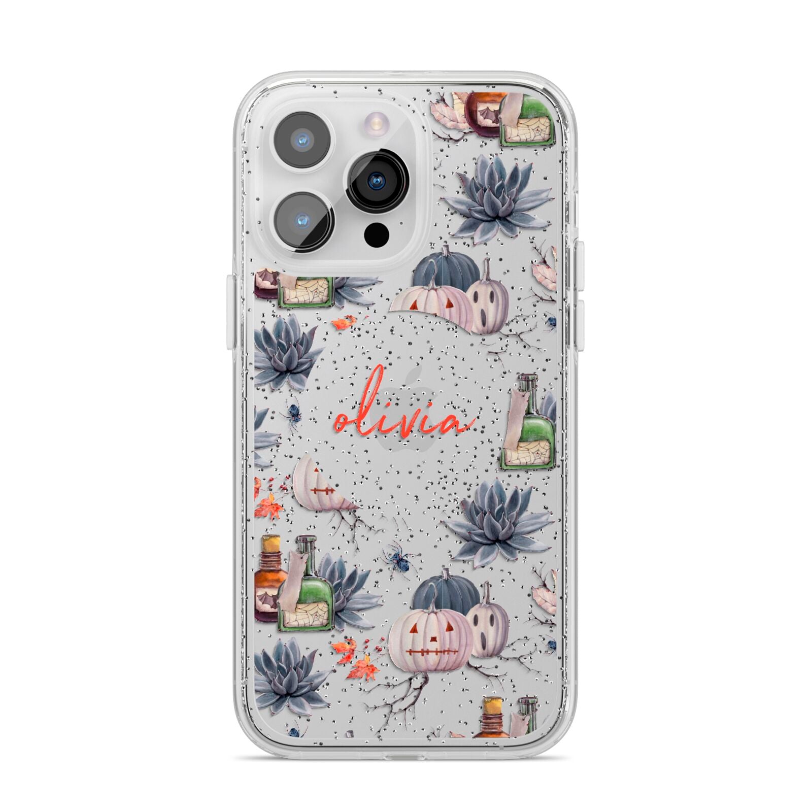 Personalised Floral Name Halloween iPhone 14 Pro Max Glitter Tough Case Silver