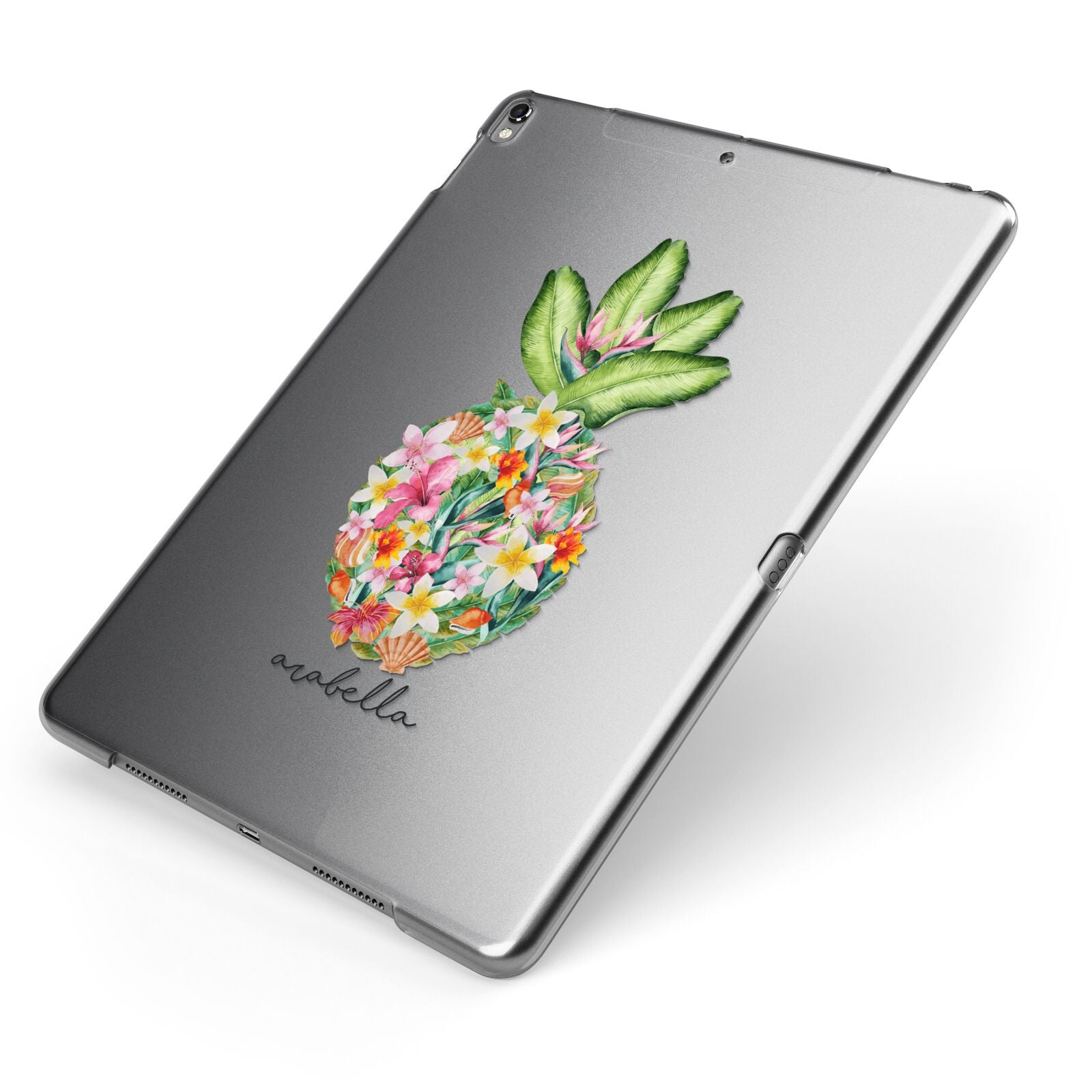 Personalised Floral Pineapple Apple iPad Case on Grey iPad Side View