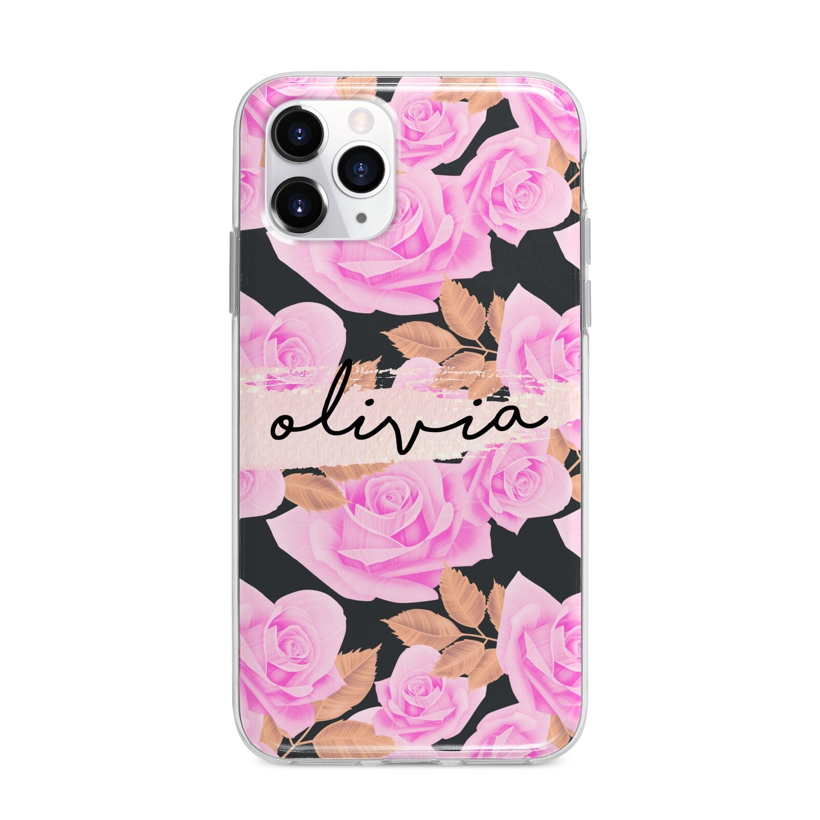 Personalised Floral Pink Roses Apple iPhone 11 Pro Max in Silver with Bumper Case