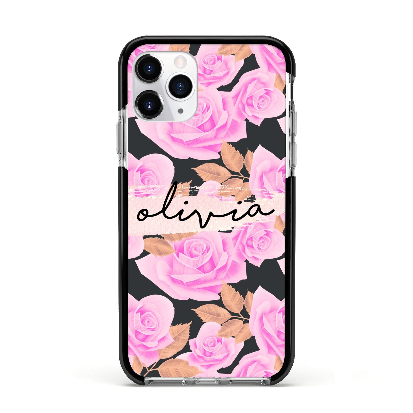 Personalised Floral Pink Roses Apple iPhone 11 Pro in Silver with Black Impact Case