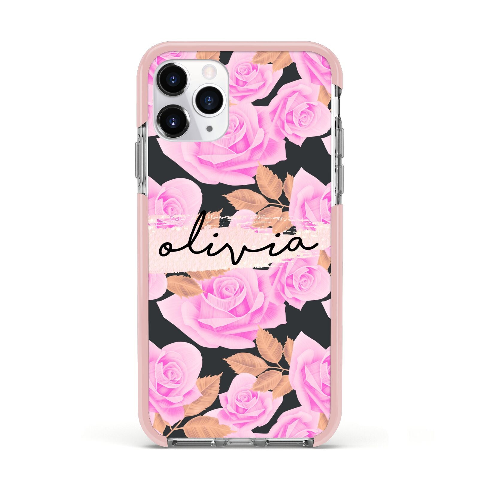 Personalised Floral Pink Roses Apple iPhone 11 Pro in Silver with Pink Impact Case