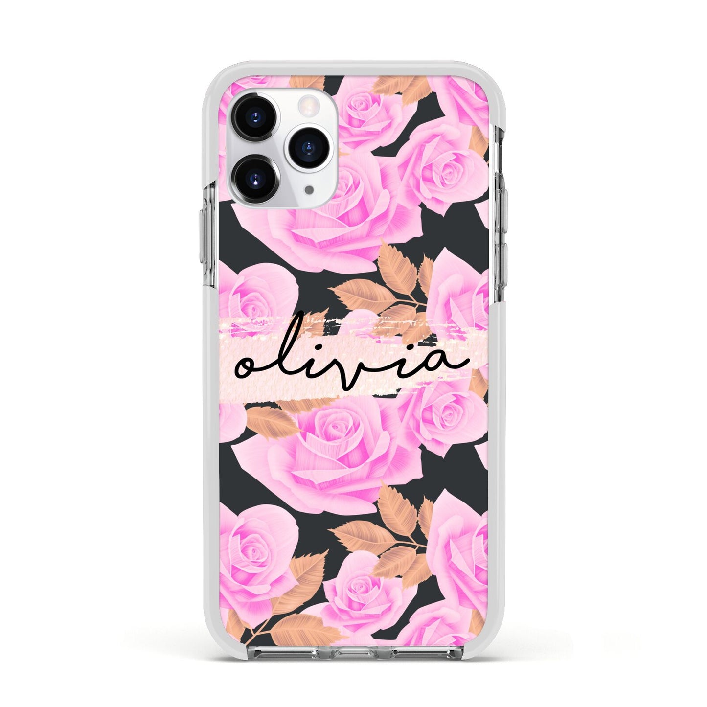 Personalised Floral Pink Roses Apple iPhone 11 Pro in Silver with White Impact Case