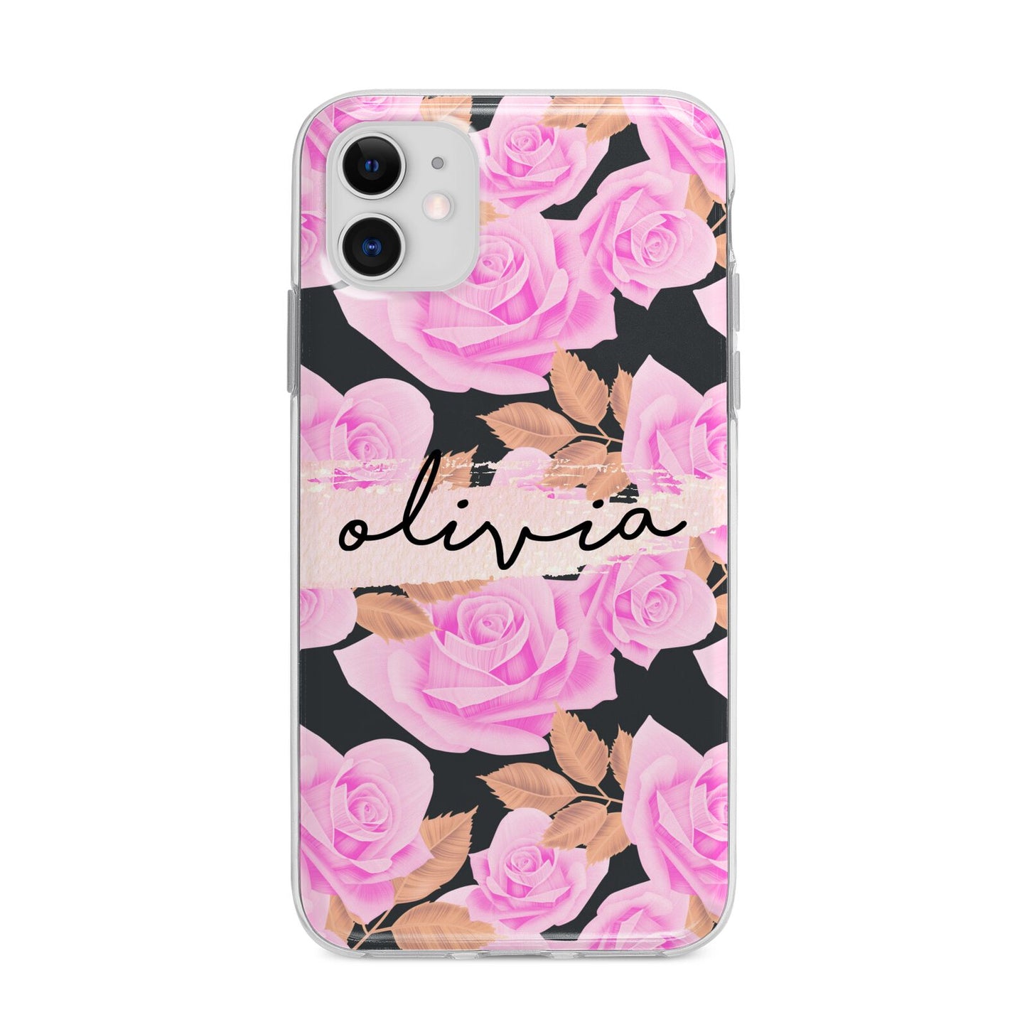 Personalised Floral Pink Roses Apple iPhone 11 in White with Bumper Case