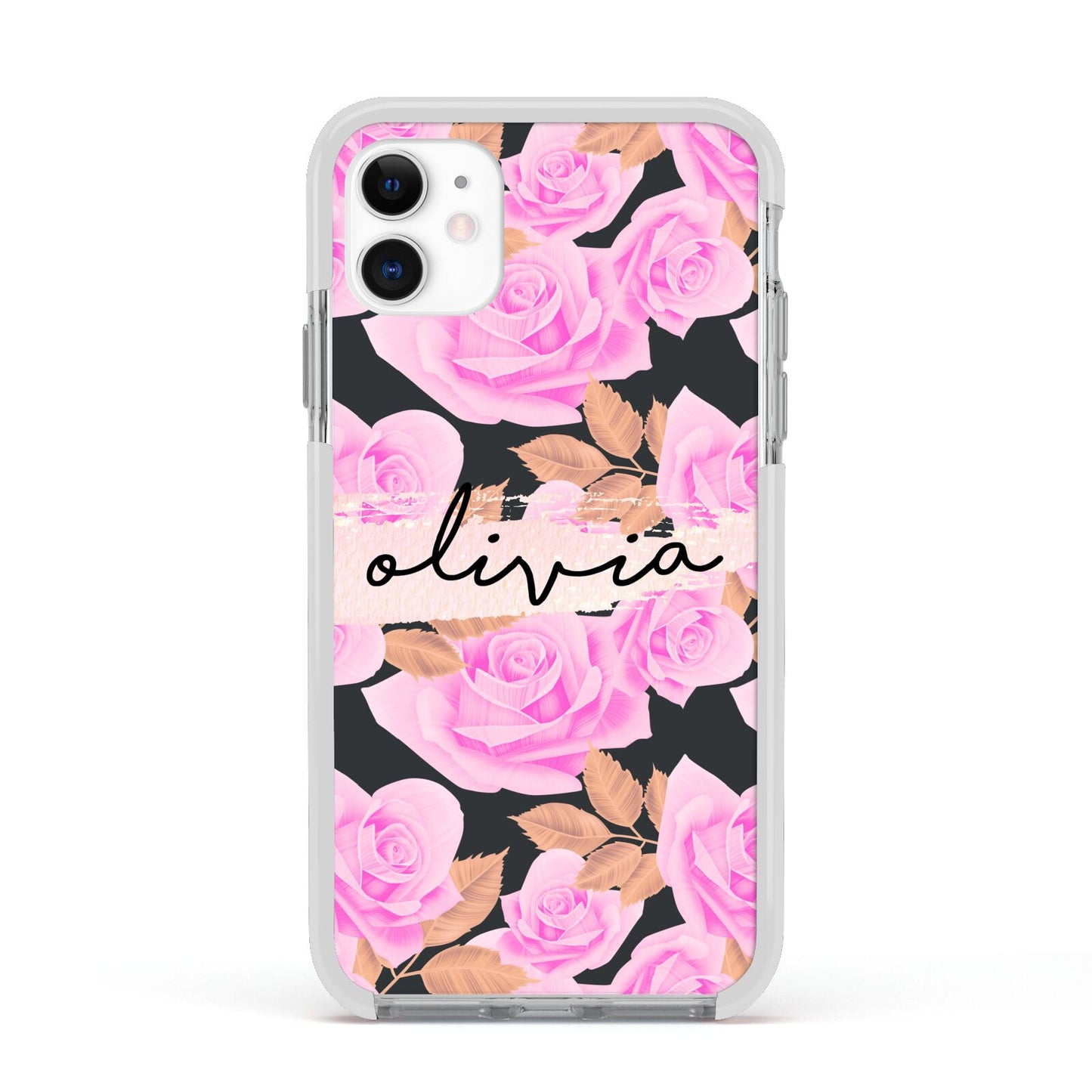 Personalised Floral Pink Roses Apple iPhone 11 in White with White Impact Case