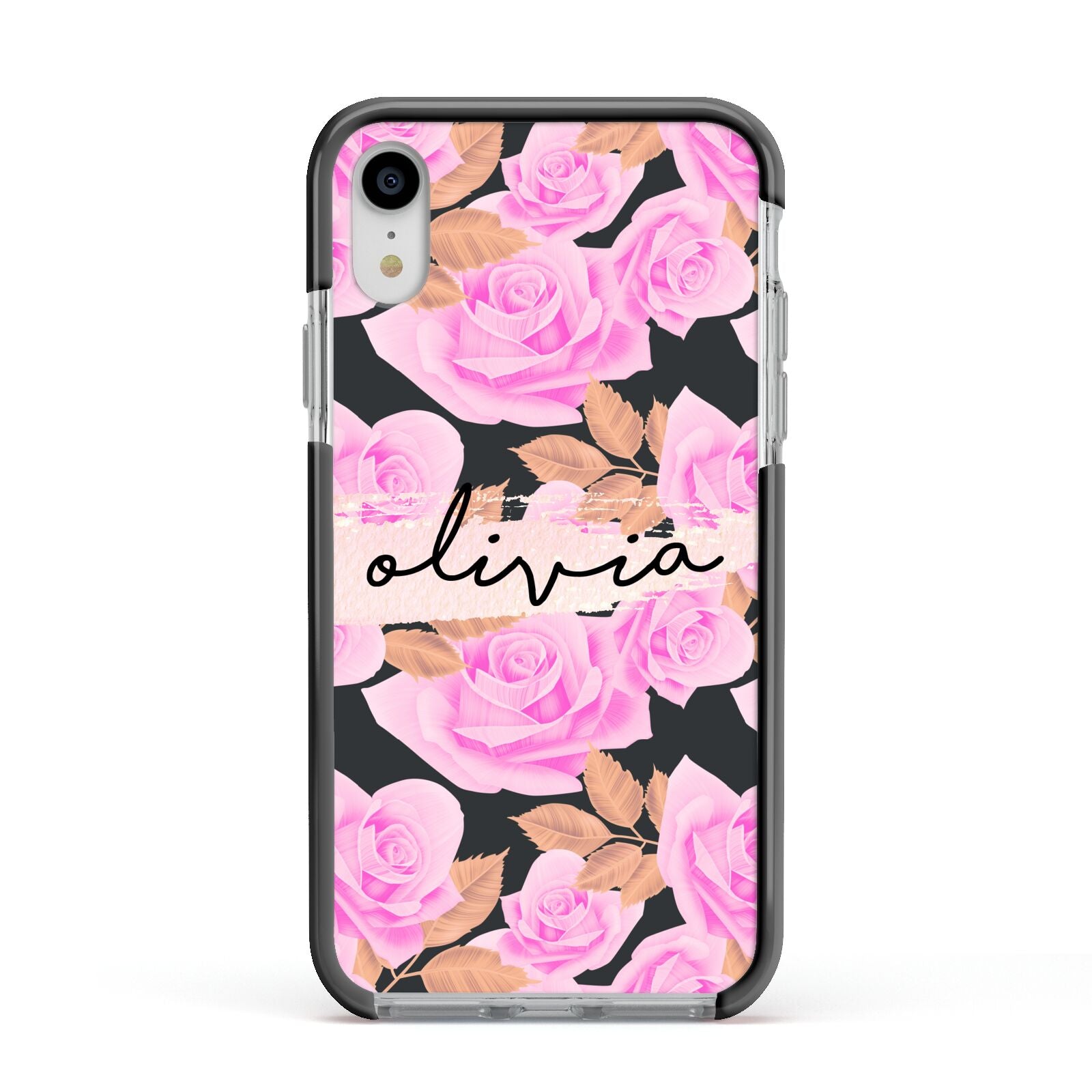 Personalised Floral Pink Roses Apple iPhone XR Impact Case Black Edge on Silver Phone