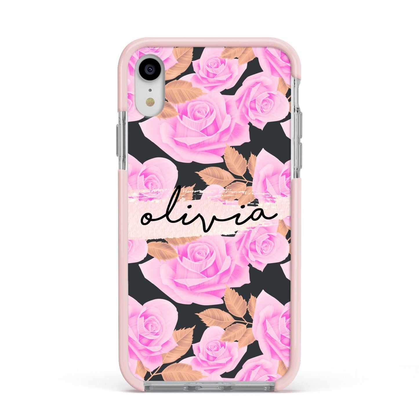 Personalised Floral Pink Roses Apple iPhone XR Impact Case Pink Edge on Silver Phone