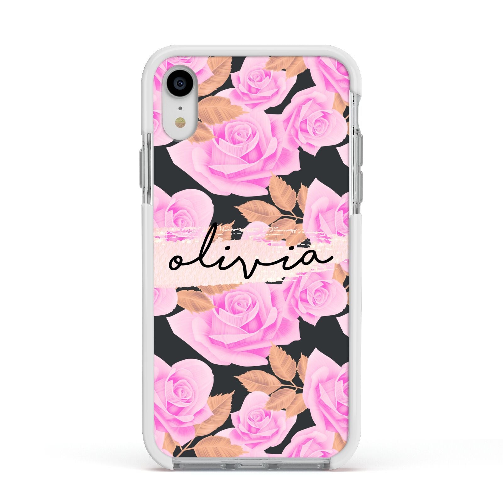 Personalised Floral Pink Roses Apple iPhone XR Impact Case White Edge on Silver Phone