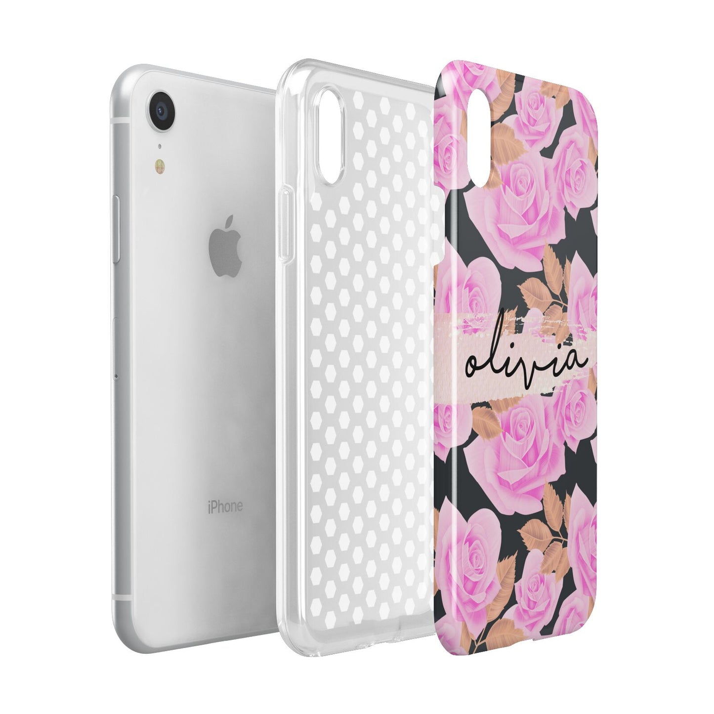 Personalised Floral Pink Roses Apple iPhone XR White 3D Tough Case Expanded view