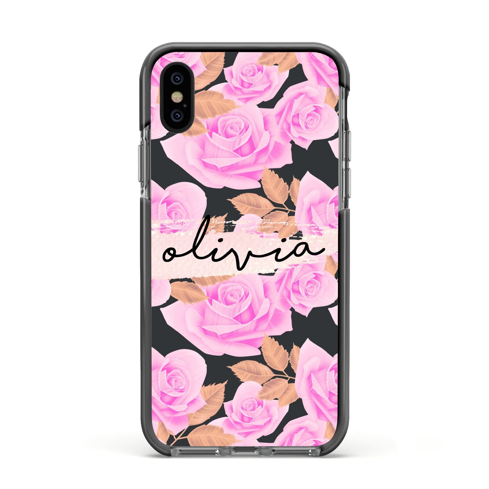 Personalised Floral Pink Roses Apple iPhone Xs Impact Case Black Edge on Black Phone