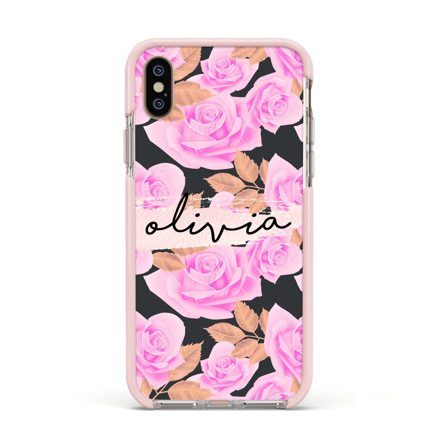 Personalised Floral Pink Roses Apple iPhone Xs Impact Case Pink Edge on Gold Phone