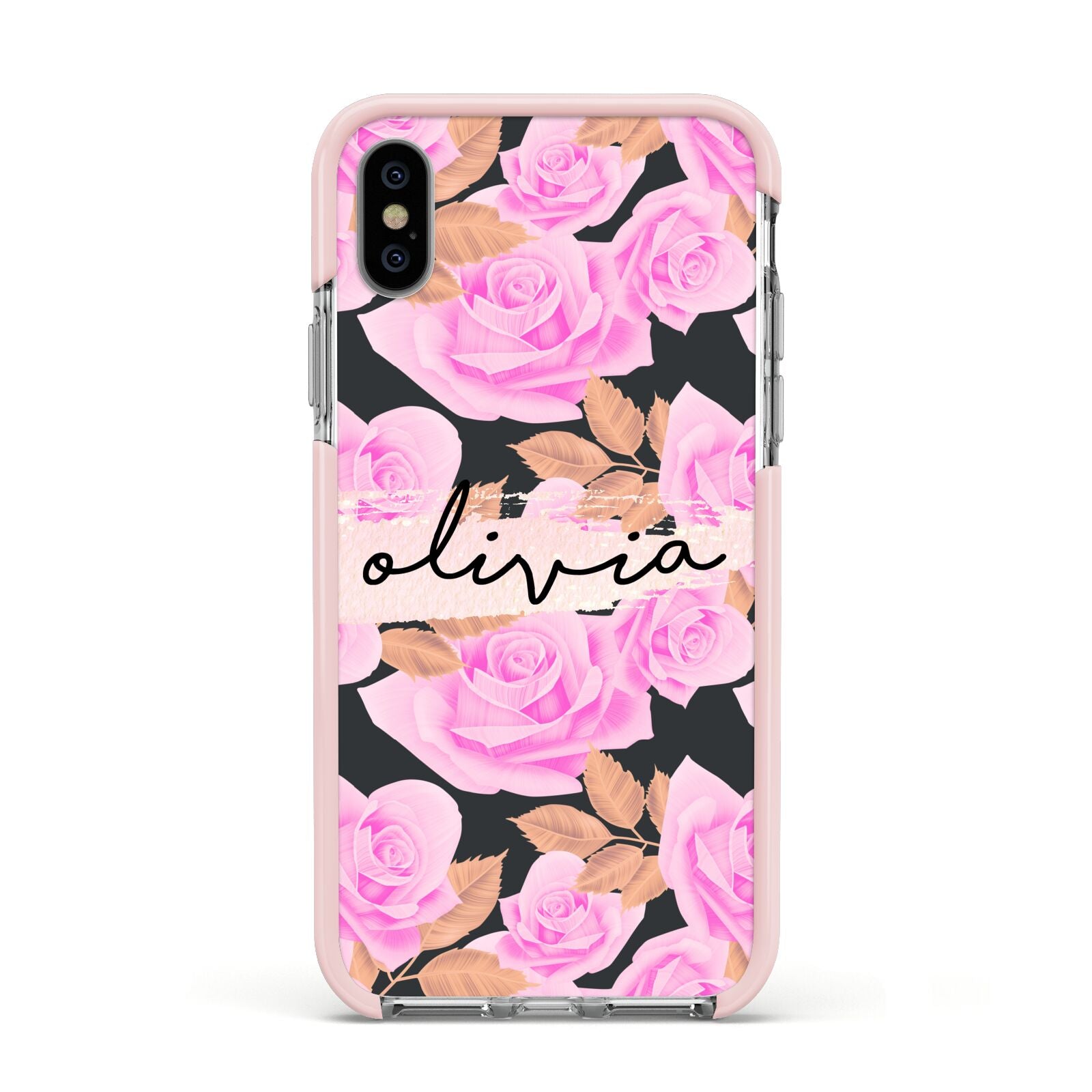 Personalised Floral Pink Roses Apple iPhone Xs Impact Case Pink Edge on Silver Phone