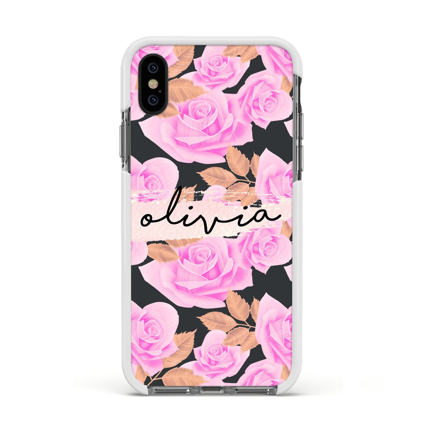 Personalised Floral Pink Roses Apple iPhone Xs Impact Case White Edge on Black Phone