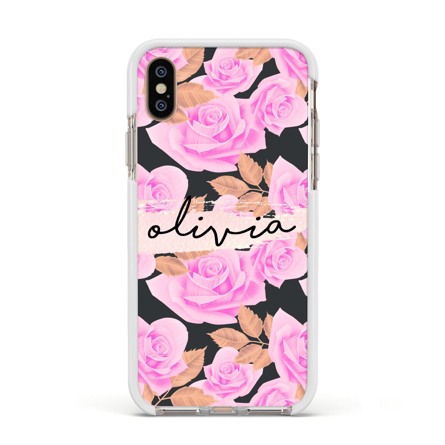 Personalised Floral Pink Roses Apple iPhone Xs Impact Case White Edge on Gold Phone
