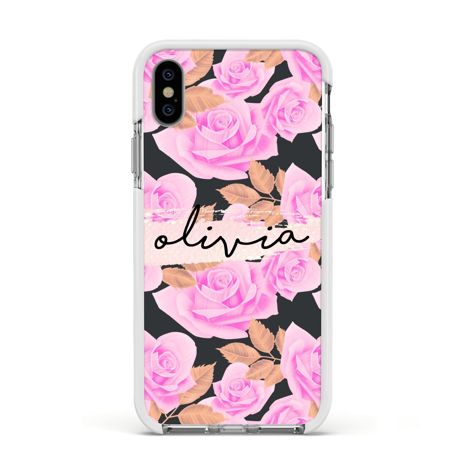 Personalised Floral Pink Roses Apple iPhone Xs Impact Case White Edge on Silver Phone