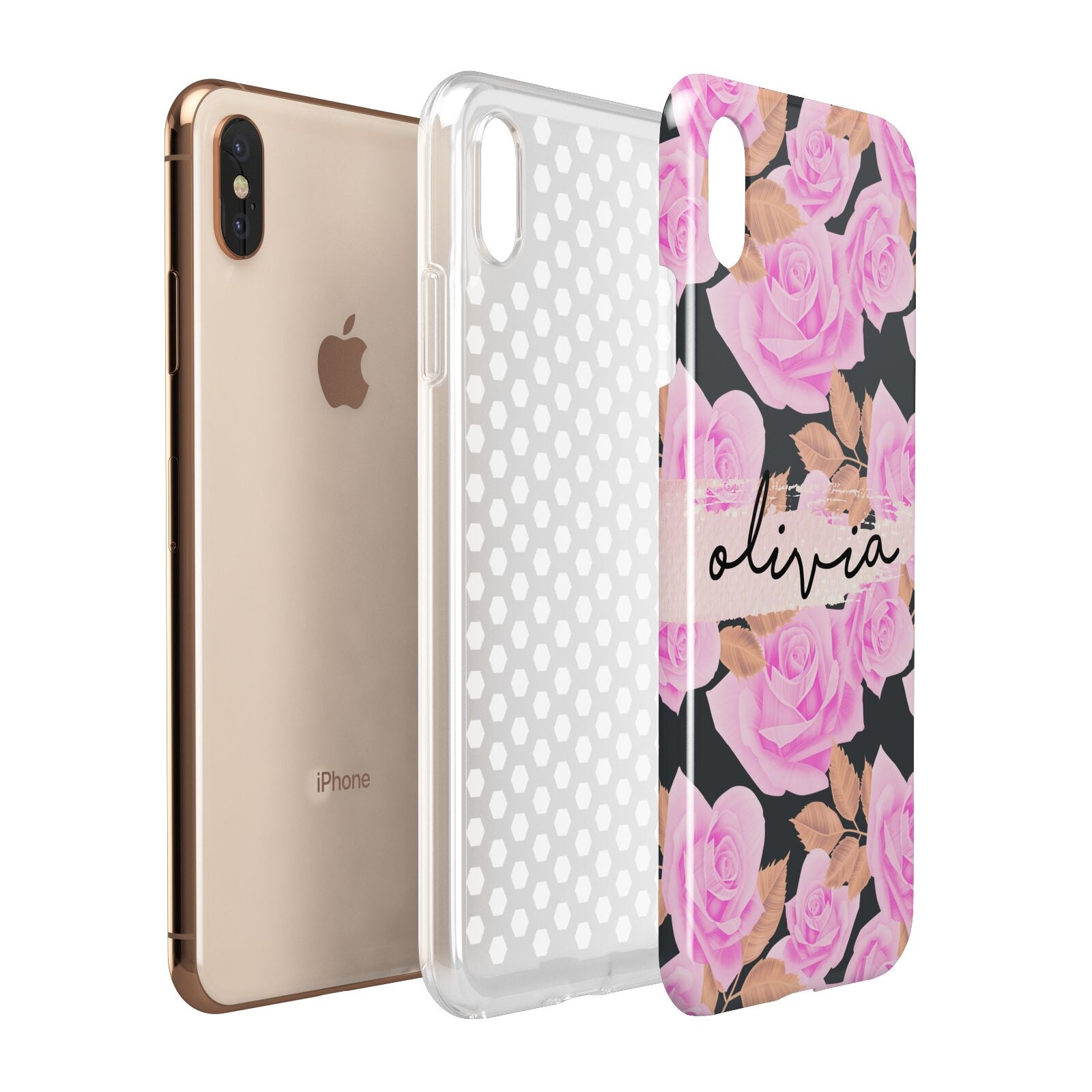 Personalised Floral Pink Roses Apple iPhone Xs Max 3D Tough Case Expanded View
