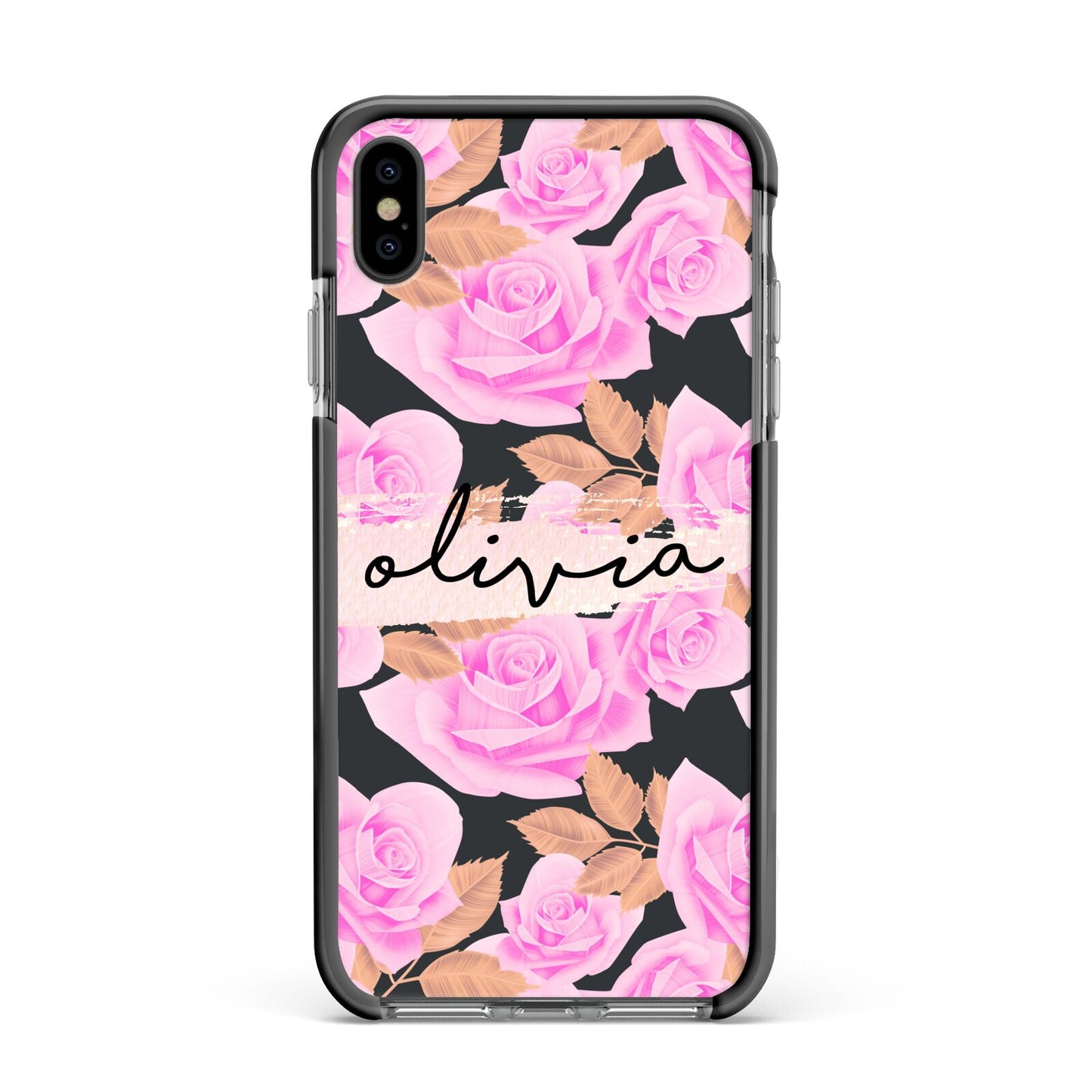 Personalised Floral Pink Roses Apple iPhone Xs Max Impact Case Black Edge on Black Phone
