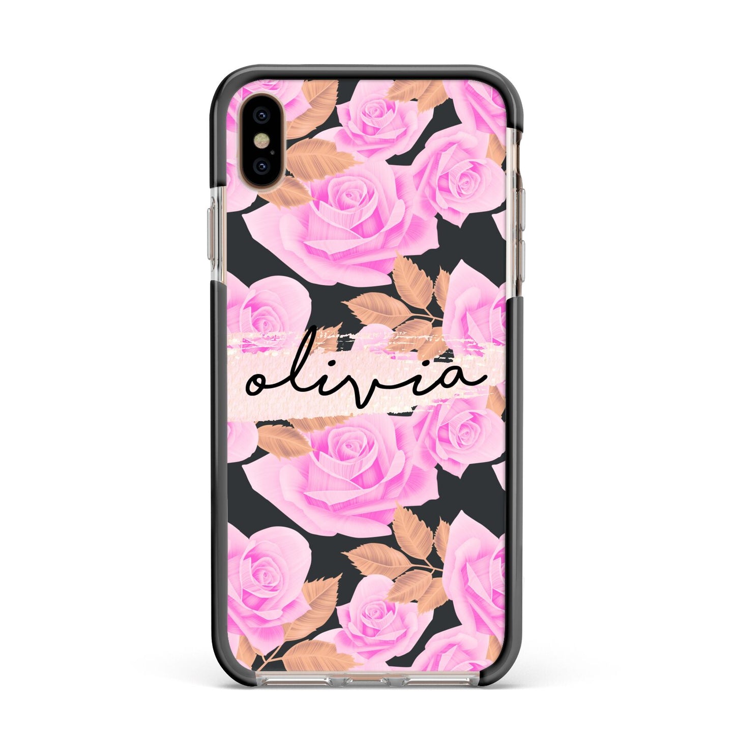 Personalised Floral Pink Roses Apple iPhone Xs Max Impact Case Black Edge on Gold Phone
