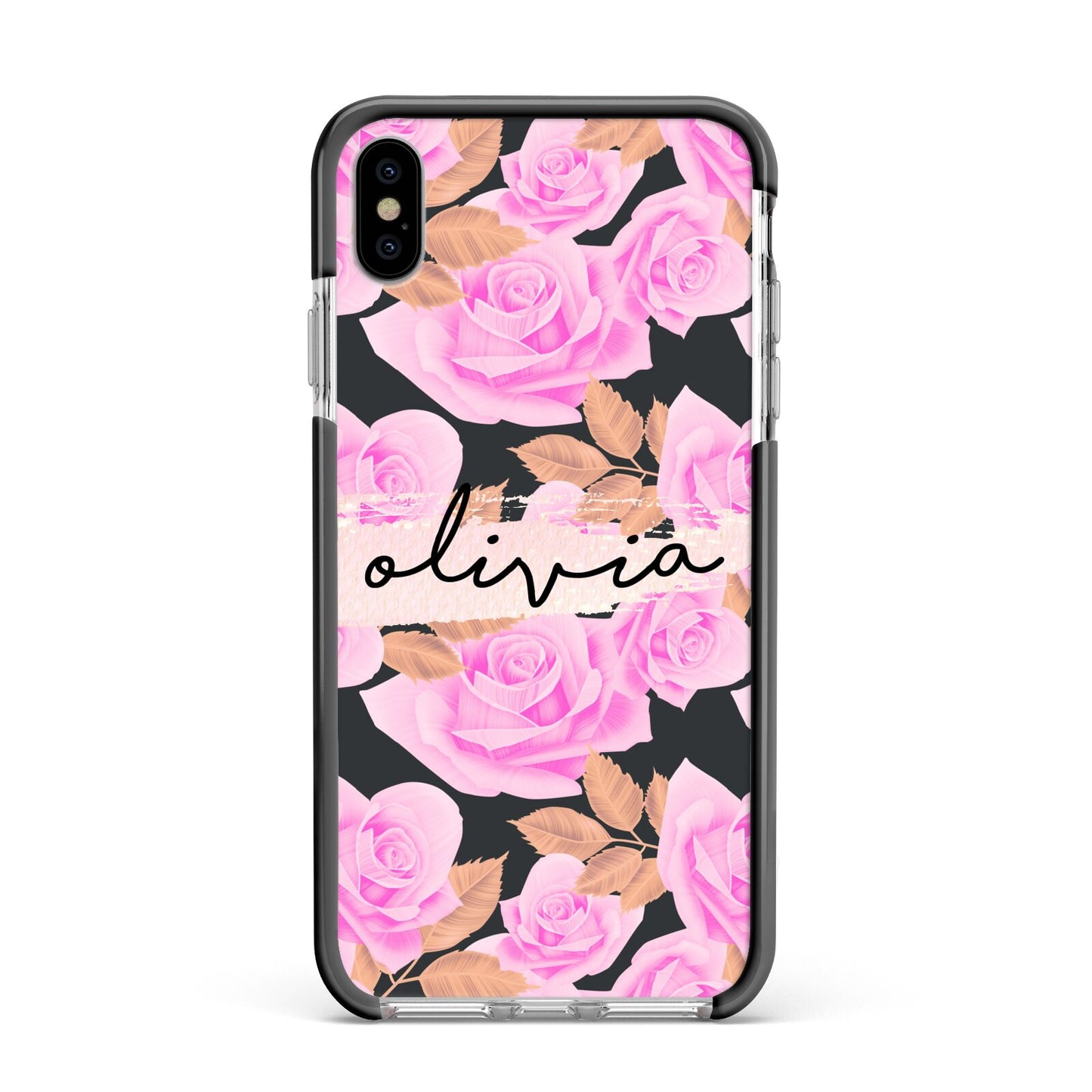 Personalised Floral Pink Roses Apple iPhone Xs Max Impact Case Black Edge on Silver Phone