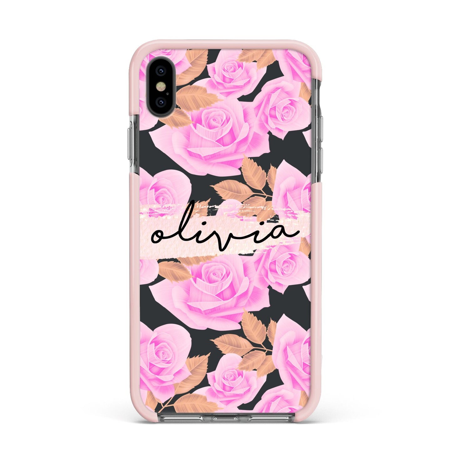 Personalised Floral Pink Roses Apple iPhone Xs Max Impact Case Pink Edge on Black Phone