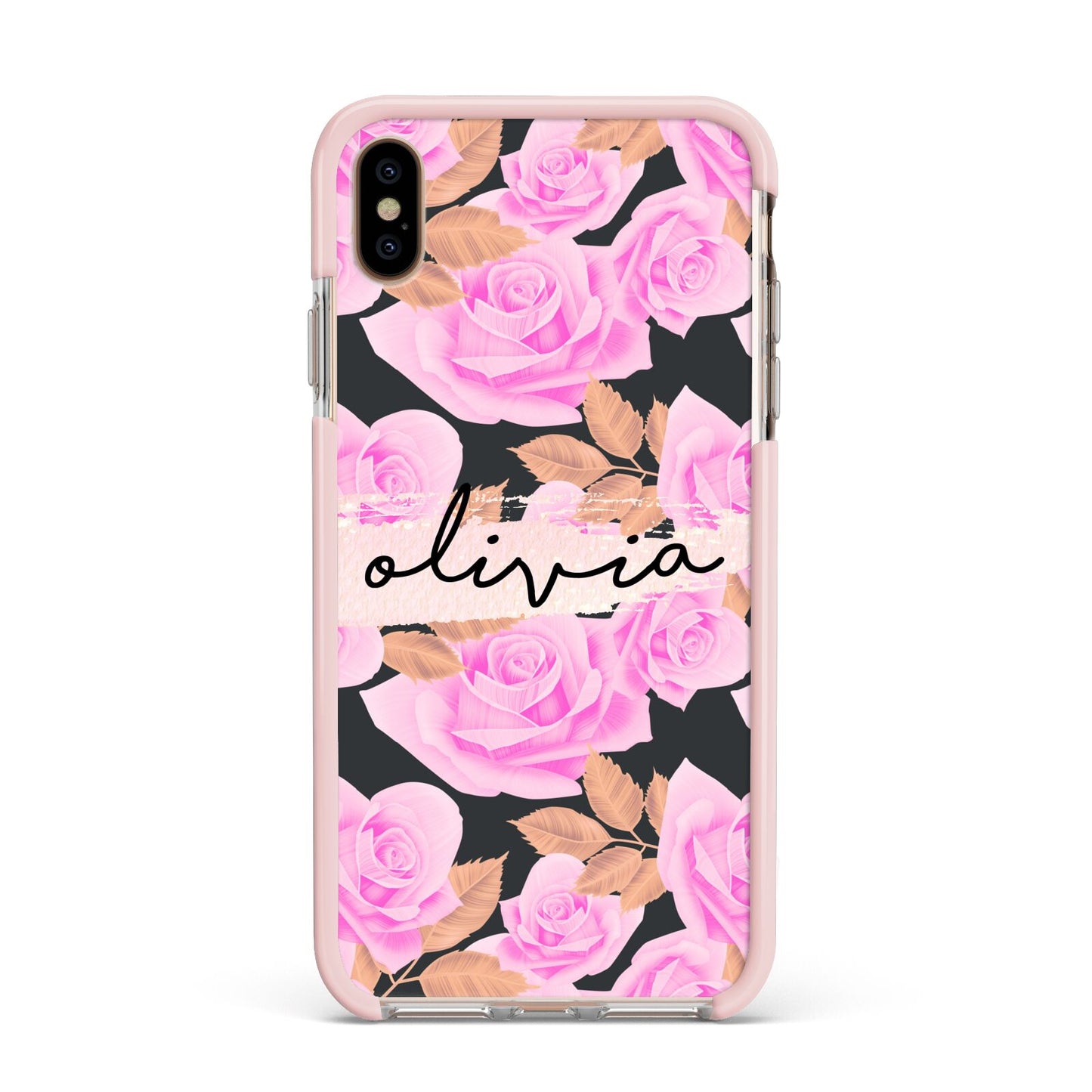 Personalised Floral Pink Roses Apple iPhone Xs Max Impact Case Pink Edge on Gold Phone