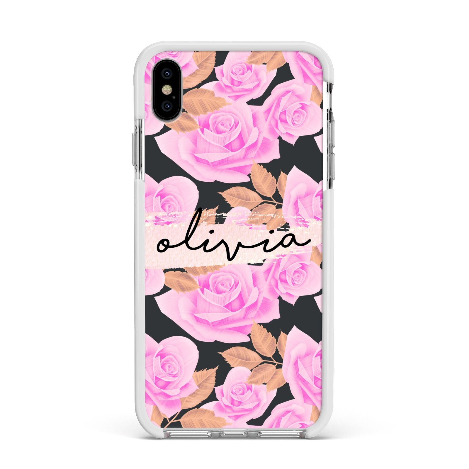 Personalised Floral Pink Roses Apple iPhone Xs Max Impact Case White Edge on Silver Phone