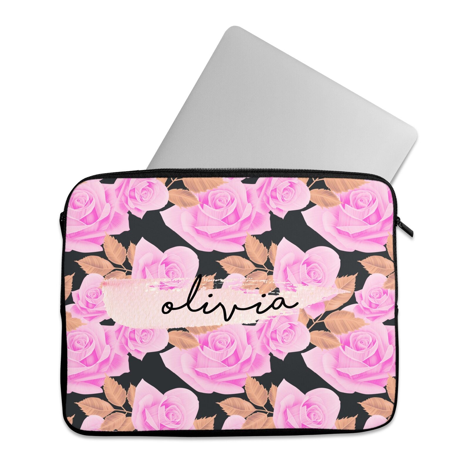 Personalised Floral Pink Roses Laptop Bag with Zipper