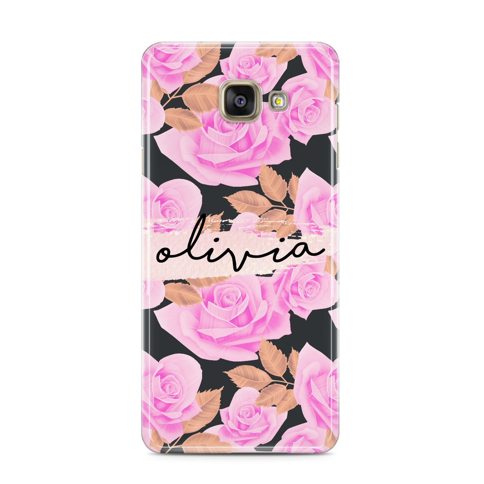 Personalised Floral Pink Roses Samsung Galaxy A3 2016 Case on gold phone