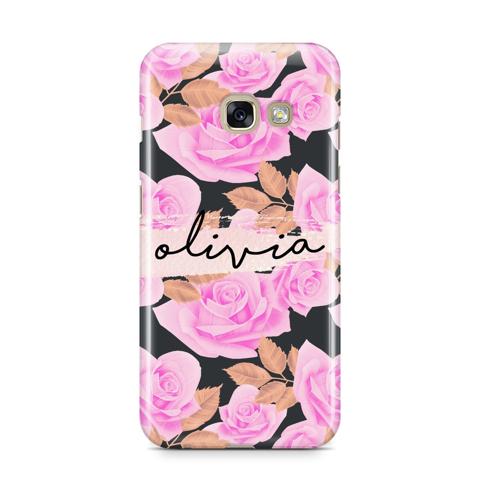 Personalised Floral Pink Roses Samsung Galaxy A3 2017 Case on gold phone