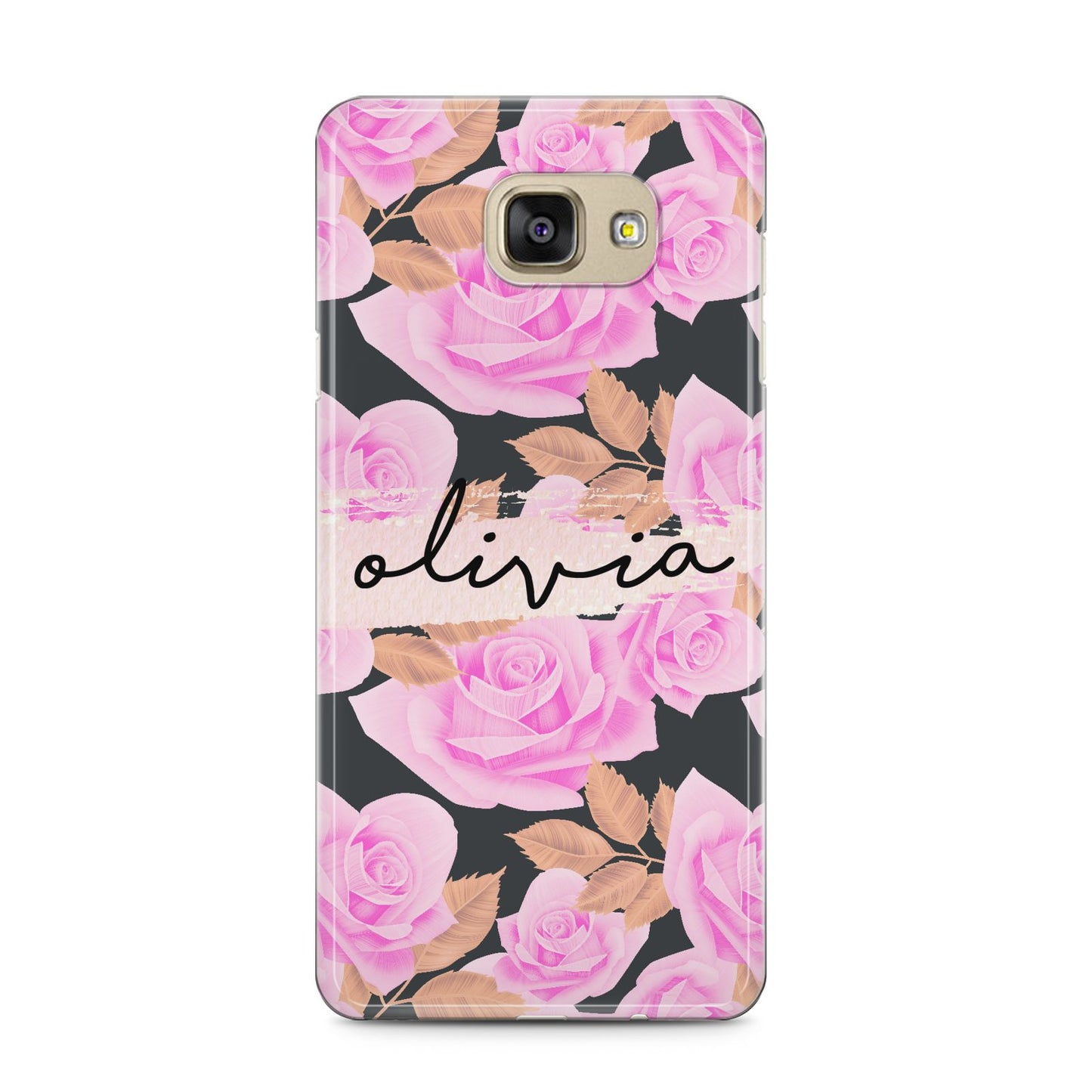 Personalised Floral Pink Roses Samsung Galaxy A5 2016 Case on gold phone