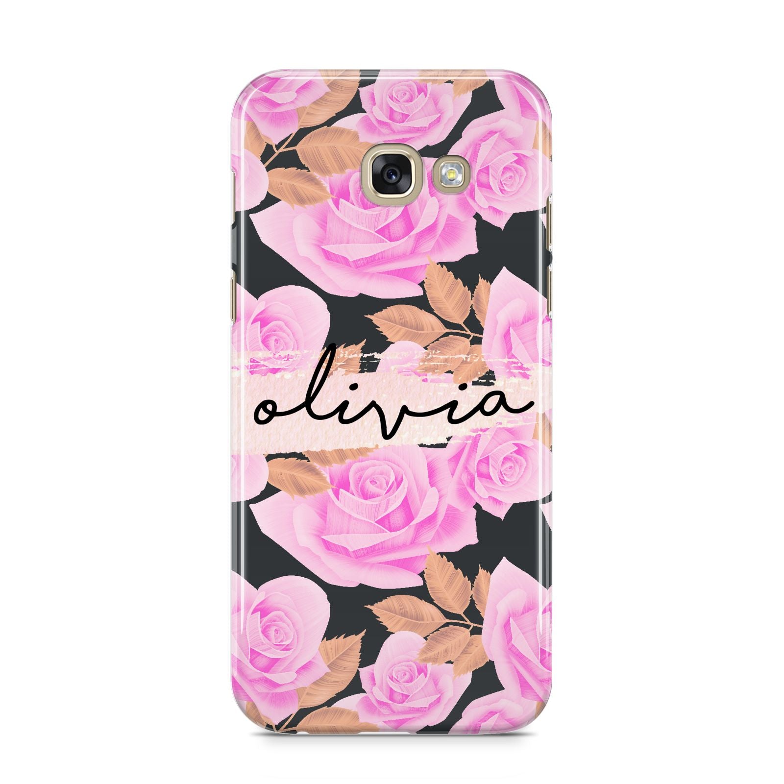Personalised Floral Pink Roses Samsung Galaxy A5 2017 Case on gold phone