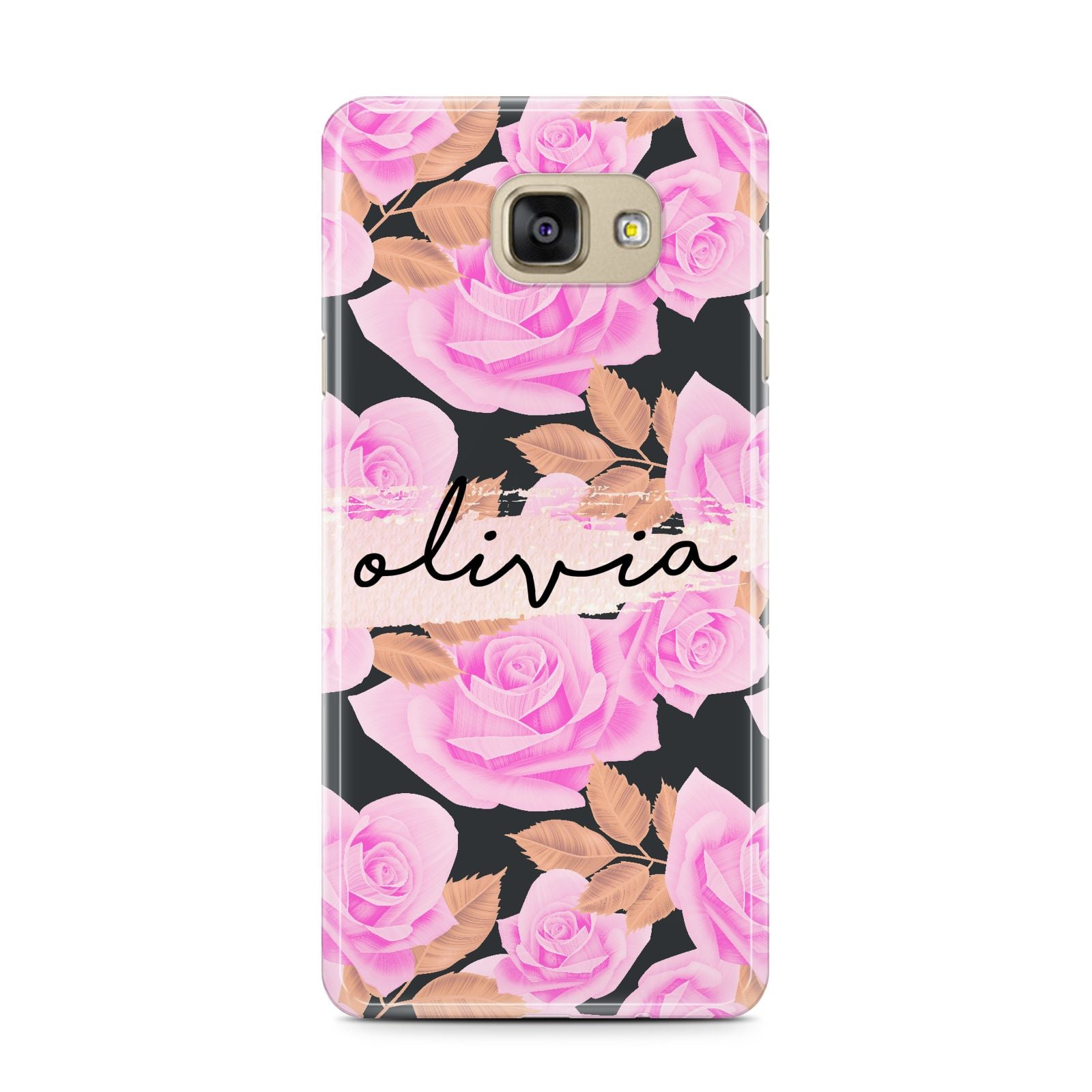 Personalised Floral Pink Roses Samsung Galaxy A7 2016 Case on gold phone