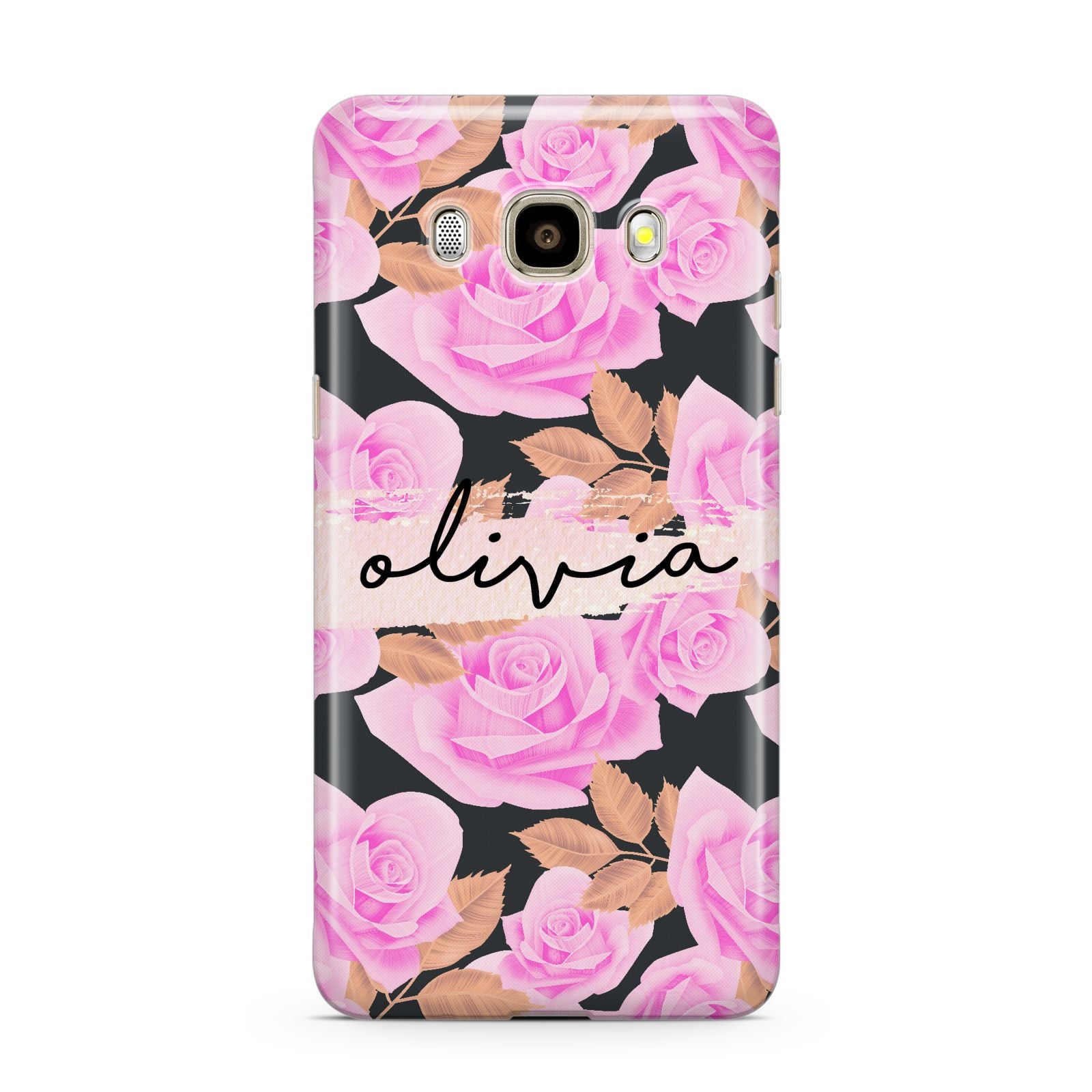 Personalised Floral Pink Roses Samsung Galaxy J7 2016 Case on gold phone