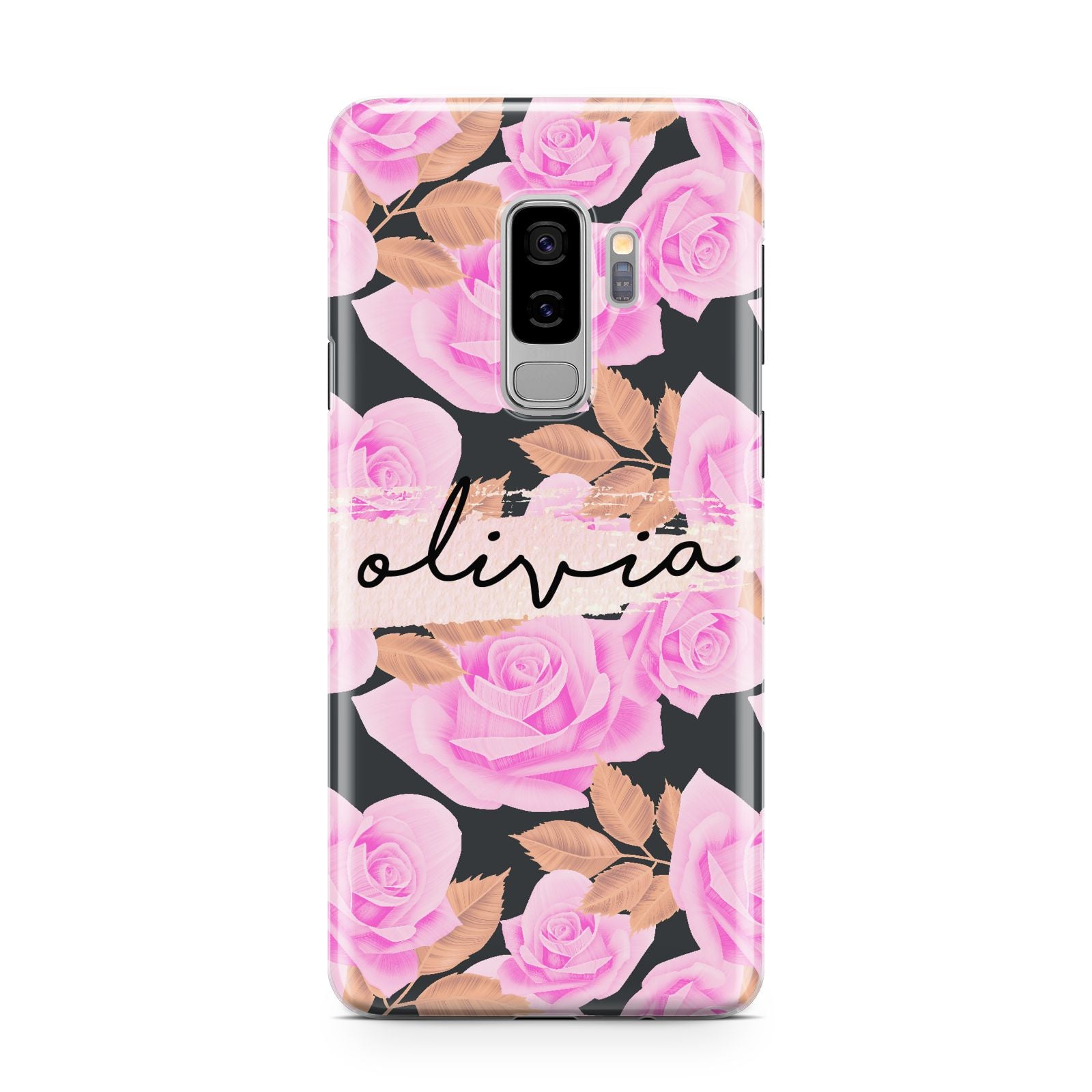 Personalised Floral Pink Roses Samsung Galaxy S9 Plus Case on Silver phone