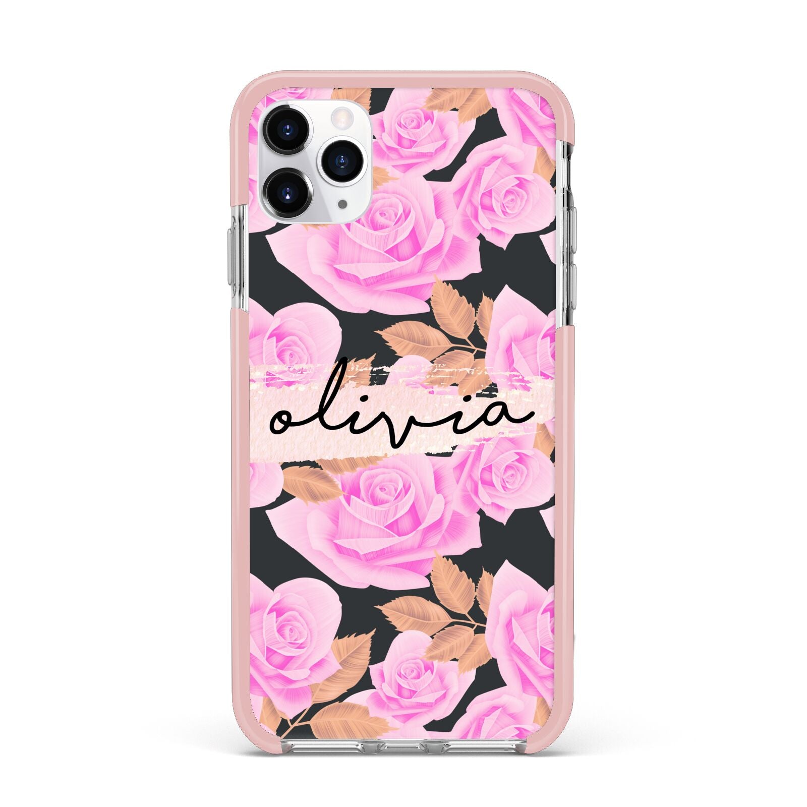 Personalised Floral Pink Roses iPhone 11 Pro Max Impact Pink Edge Case