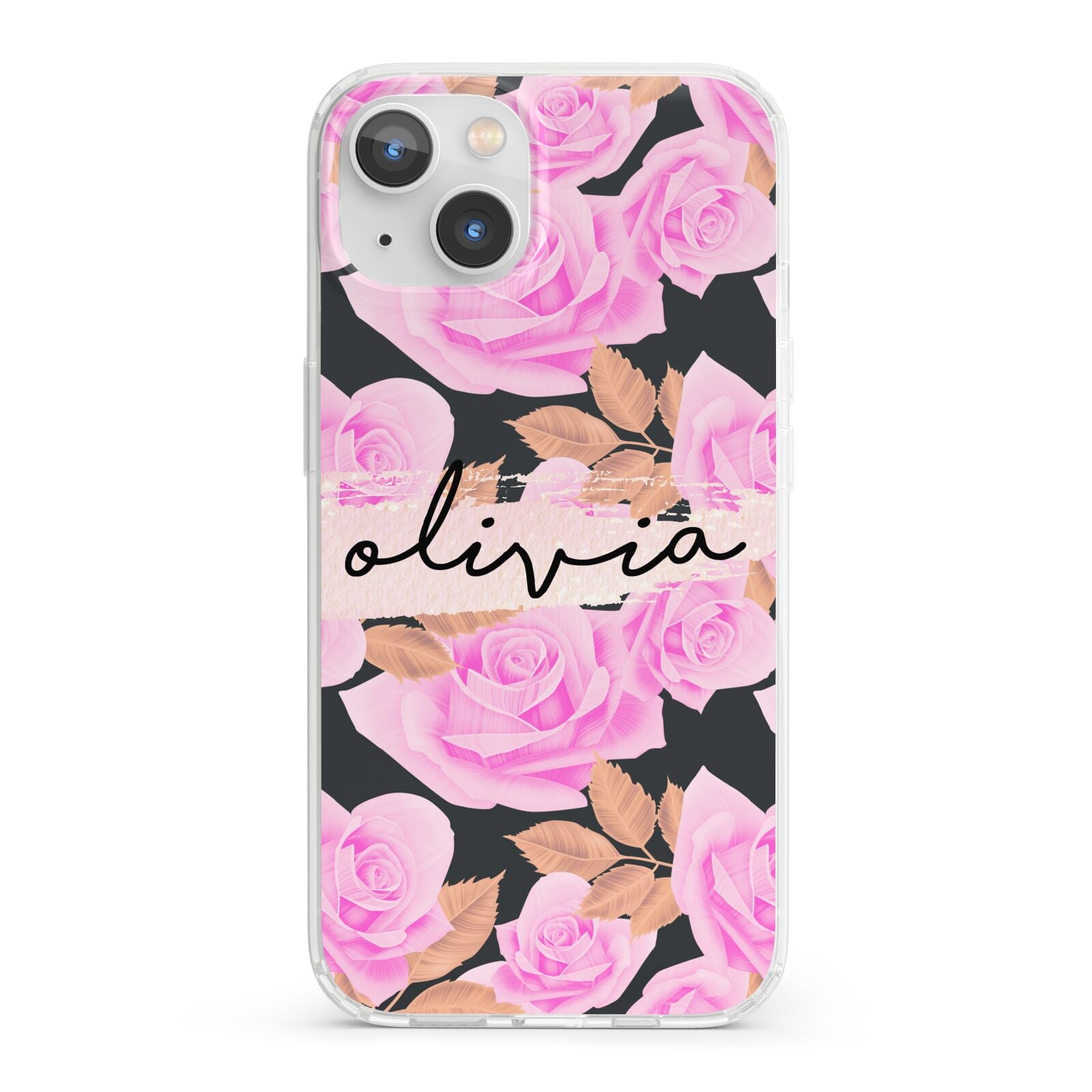 Personalised Floral Pink Roses iPhone 13 Clear Bumper Case