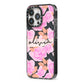 Personalised Floral Pink Roses iPhone 13 Pro Black Impact Case Side Angle on Silver phone