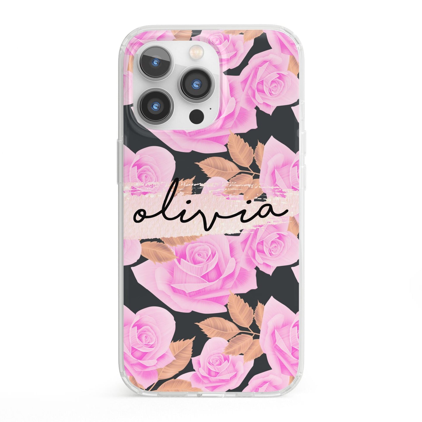 Personalised Floral Pink Roses iPhone 13 Pro Clear Bumper Case