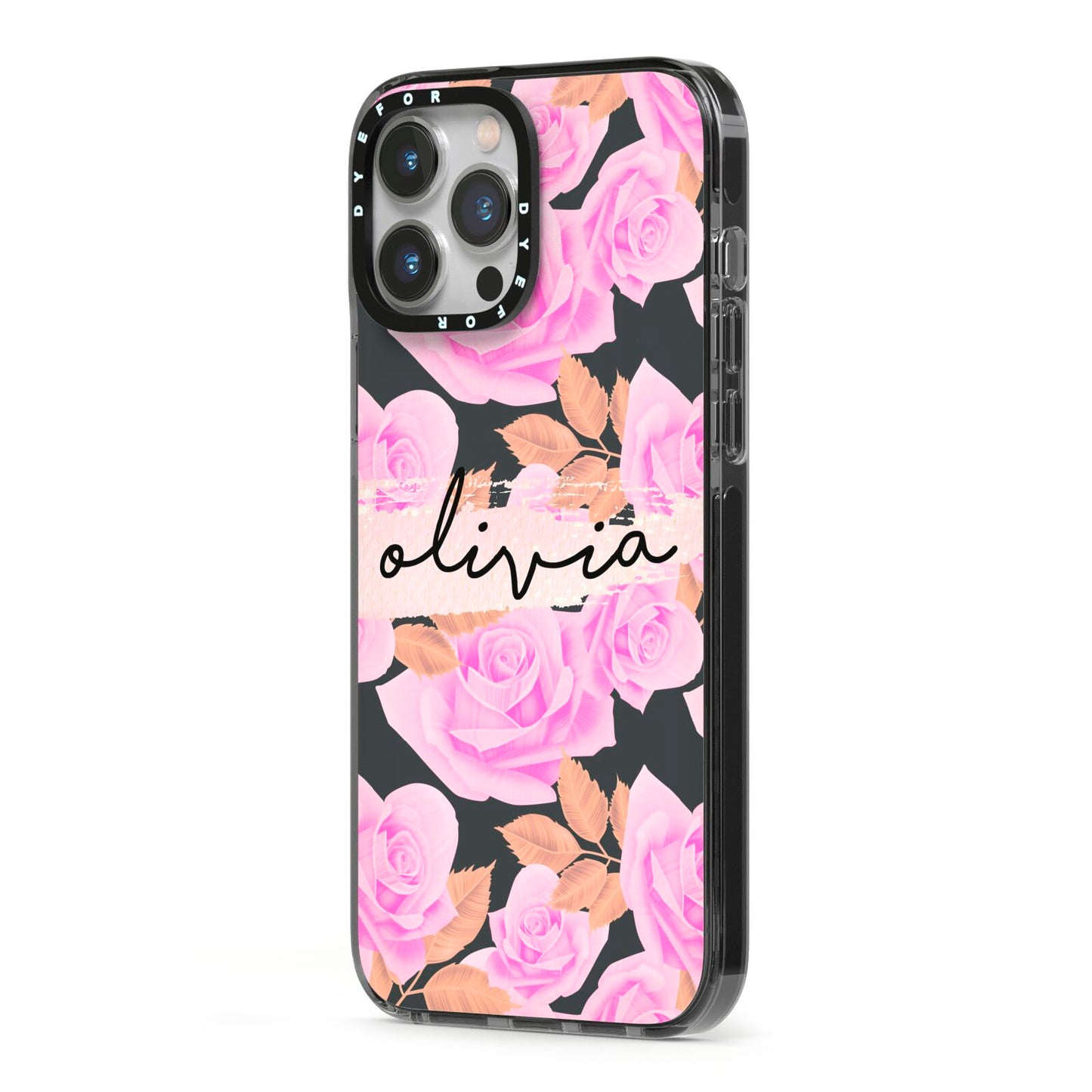 Personalised Floral Pink Roses iPhone 13 Pro Max Black Impact Case Side Angle on Silver phone